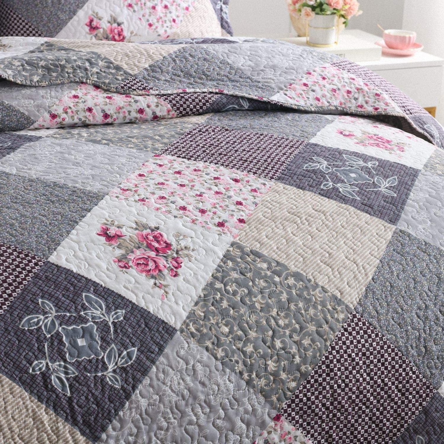 VIVILINEN Quilted Bedspread Coverlet Set Floral Patchwork Queen