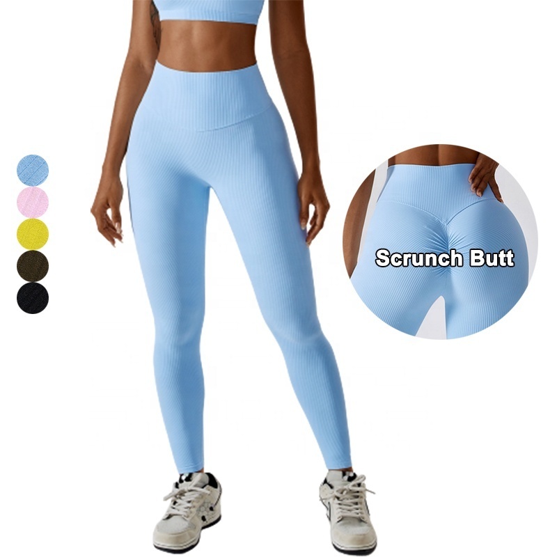 Custom High Waist Blue Sports Leggings Ribbed Women's Peach Hip Scrunch Butt Yoga Pants 2023