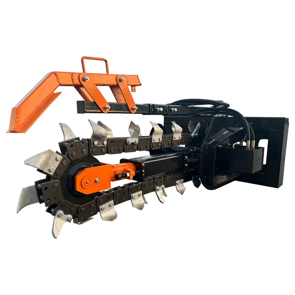 Agricultural machinery chain saw trencher implement for skid loader