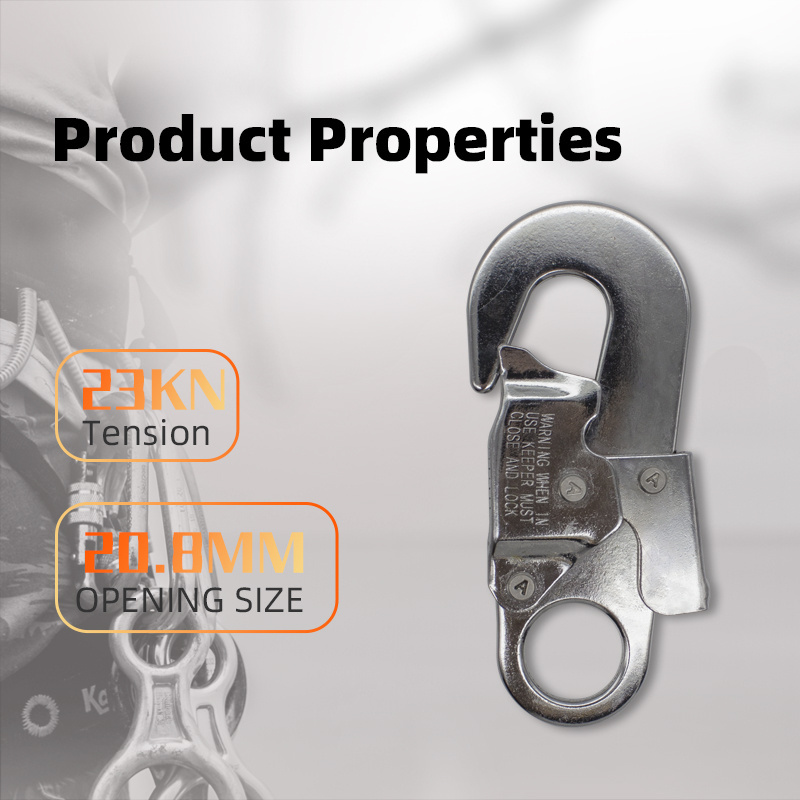 Safety Sling Hook Metal Double-action Stamping Buckle Hook Factory Custom 23KN Hammock Body Safety Harness Snap Hook JS-2050