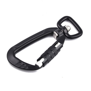 Good 5KN Black Auto Locking Aluminum  Swivel Carabiner Snap Hook For Dog Leash