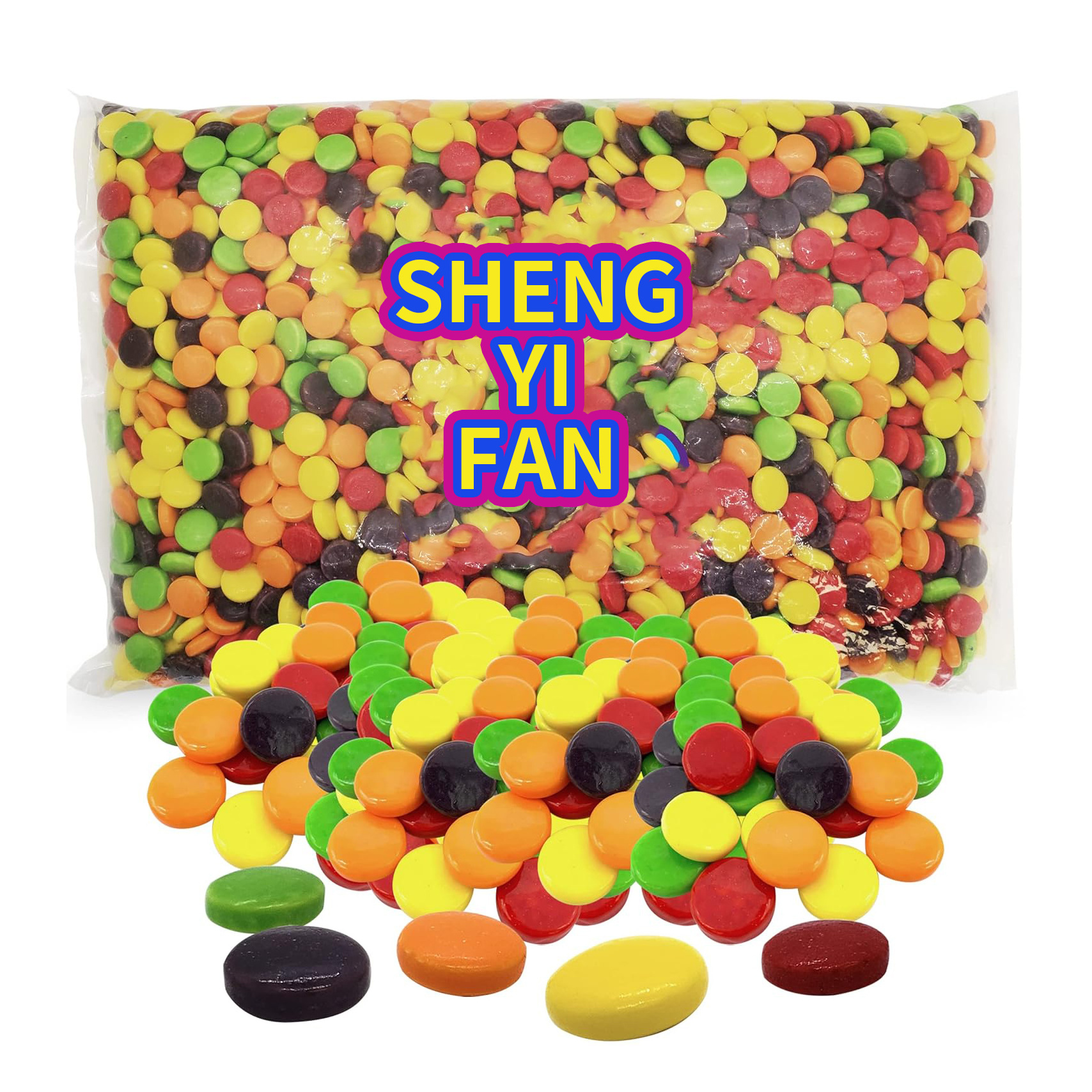 Factory wholesale 500g/1kg Halal bulk Button shape sour fruit flavour round crispy chewy candy gummy