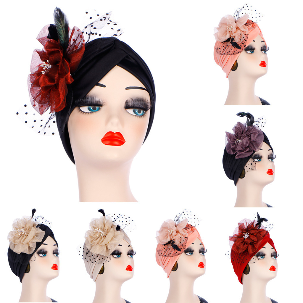 Jstar new elegant ladies mesh feather flower hair turban Party hat