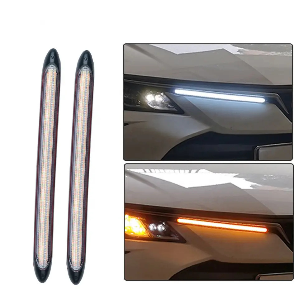 12V Bright DRL LED Daytime Running Light for Car Headlight Sequential DRL LED Strip Turn Signal Yellow Flow Auto Day Light