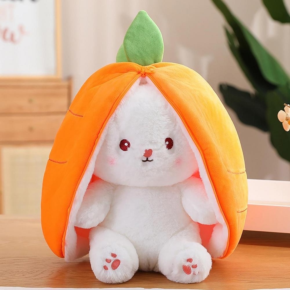 Reversible Strawberry Carrot Bunny Plush Toy with Zipper, Soft Plush Rabbit Stuffed Animal Doll