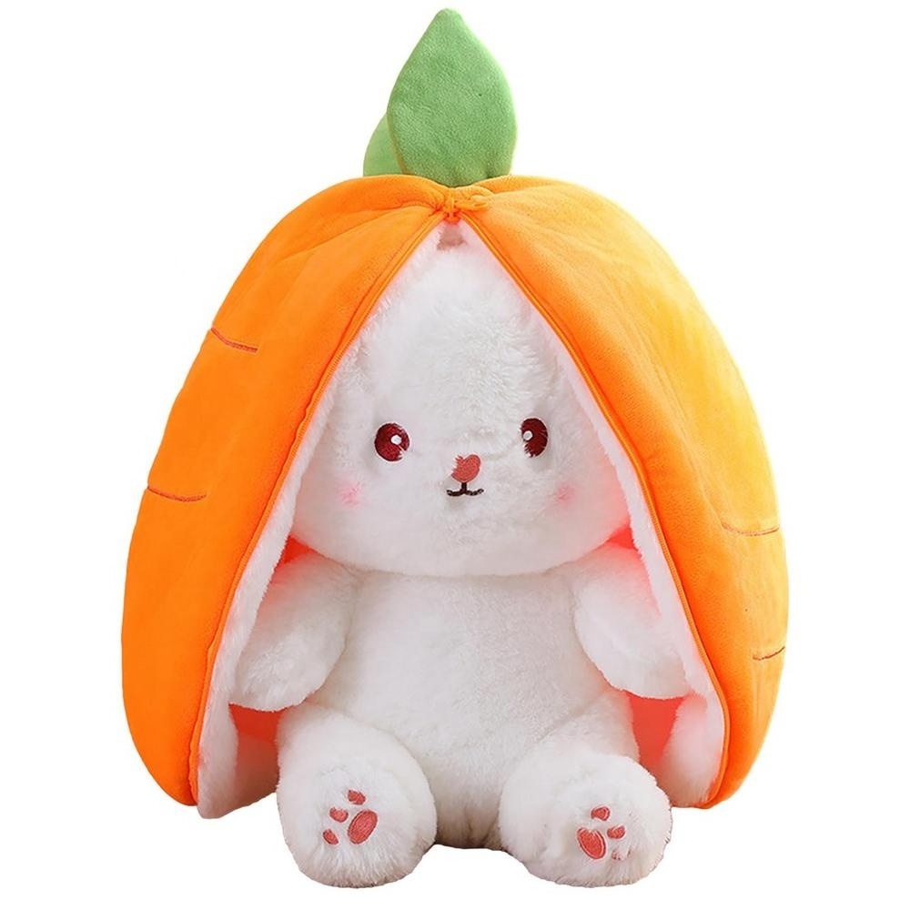 Reversible Strawberry Carrot Bunny Plush Toy with Zipper, Soft Plush Rabbit Stuffed Animal Doll