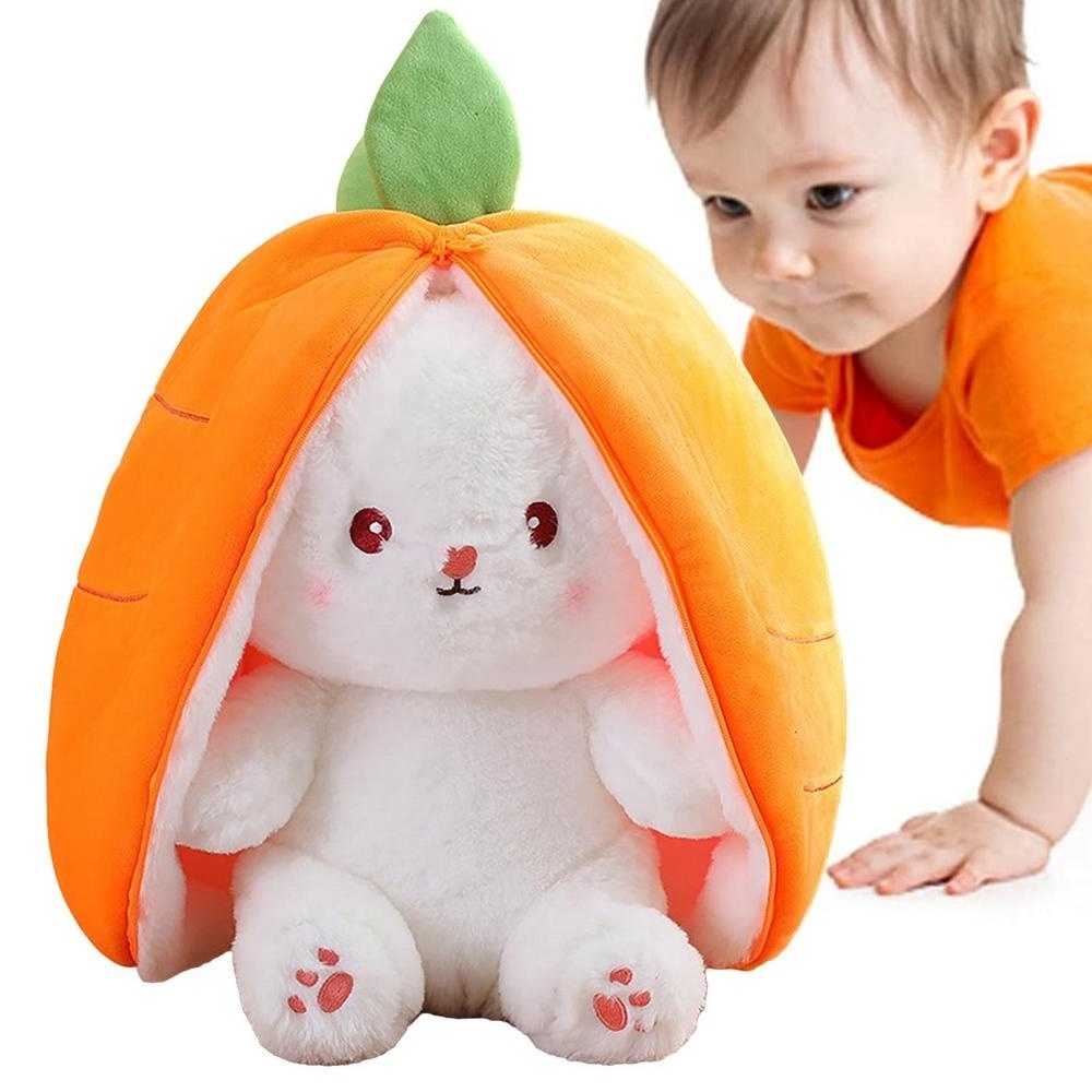 Reversible Strawberry Carrot Bunny Plush Toy with Zipper, Soft Plush Rabbit Stuffed Animal Doll