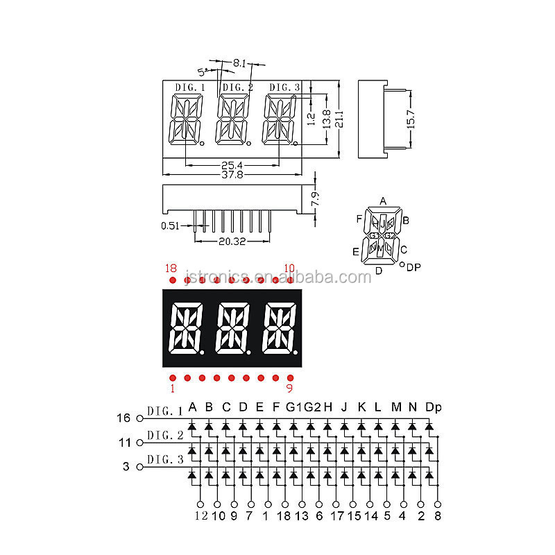 Ultra bright red 0.54 inch 14 segment alphanumeric 3 digit led display