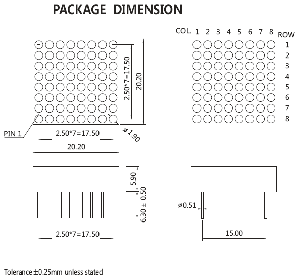 Jstronic 0.7 inch 20x20mm Single color 1.9mm round 8x8 led dot matrix 7088 small display