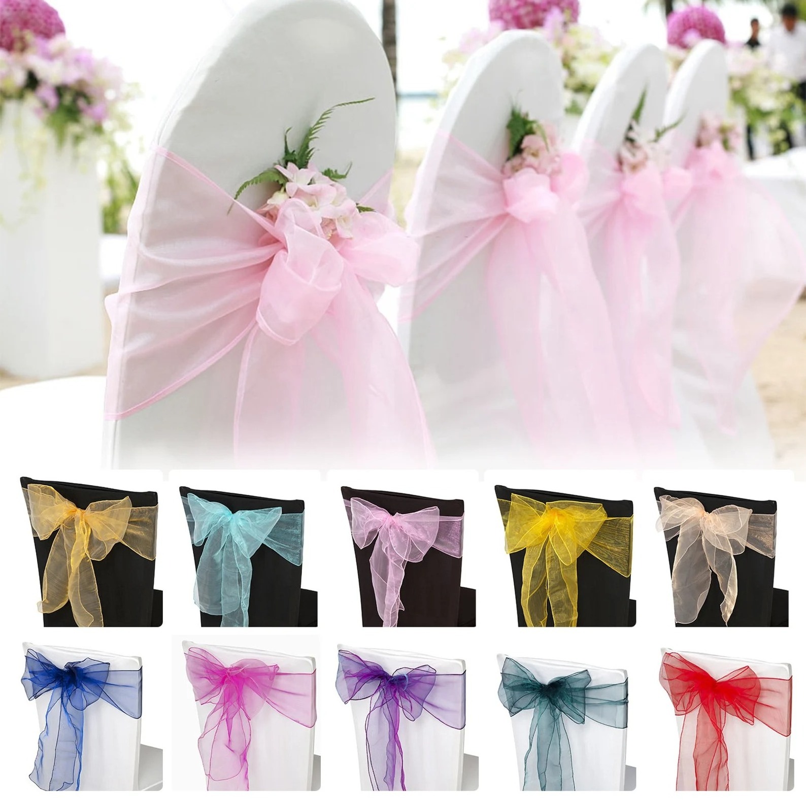 Sheer Organza Wedding Chair Cover Sash Chiffon Chair Sashes for Decoration