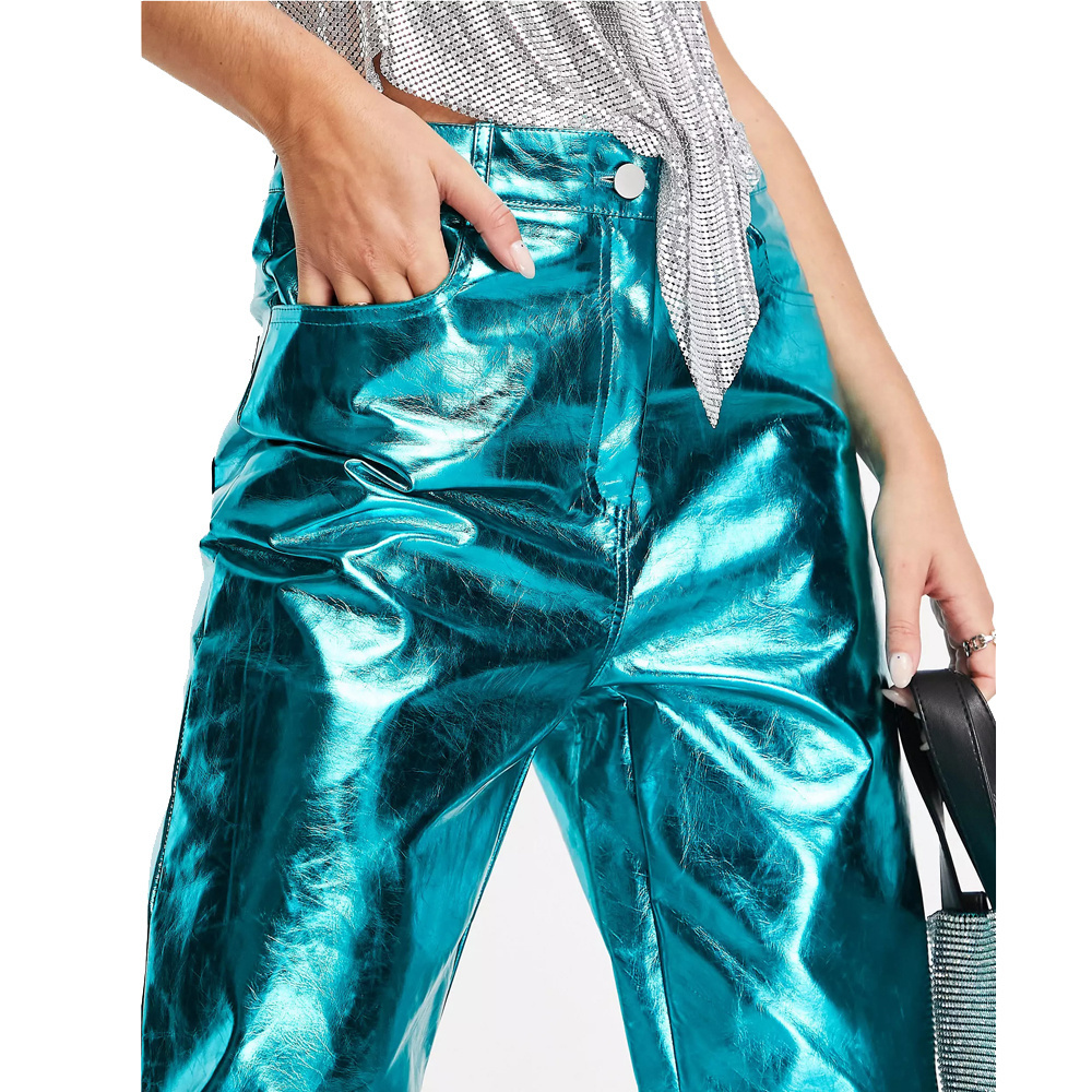 Women Fashion Metallic Straight Wide Leg Pants Mid Rise Trousers Streetwear Clubwear fake Leather Pants