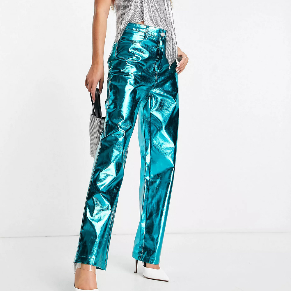 Women Fashion Metallic Straight Wide Leg Pants Mid Rise Trousers Streetwear Clubwear fake Leather Pants