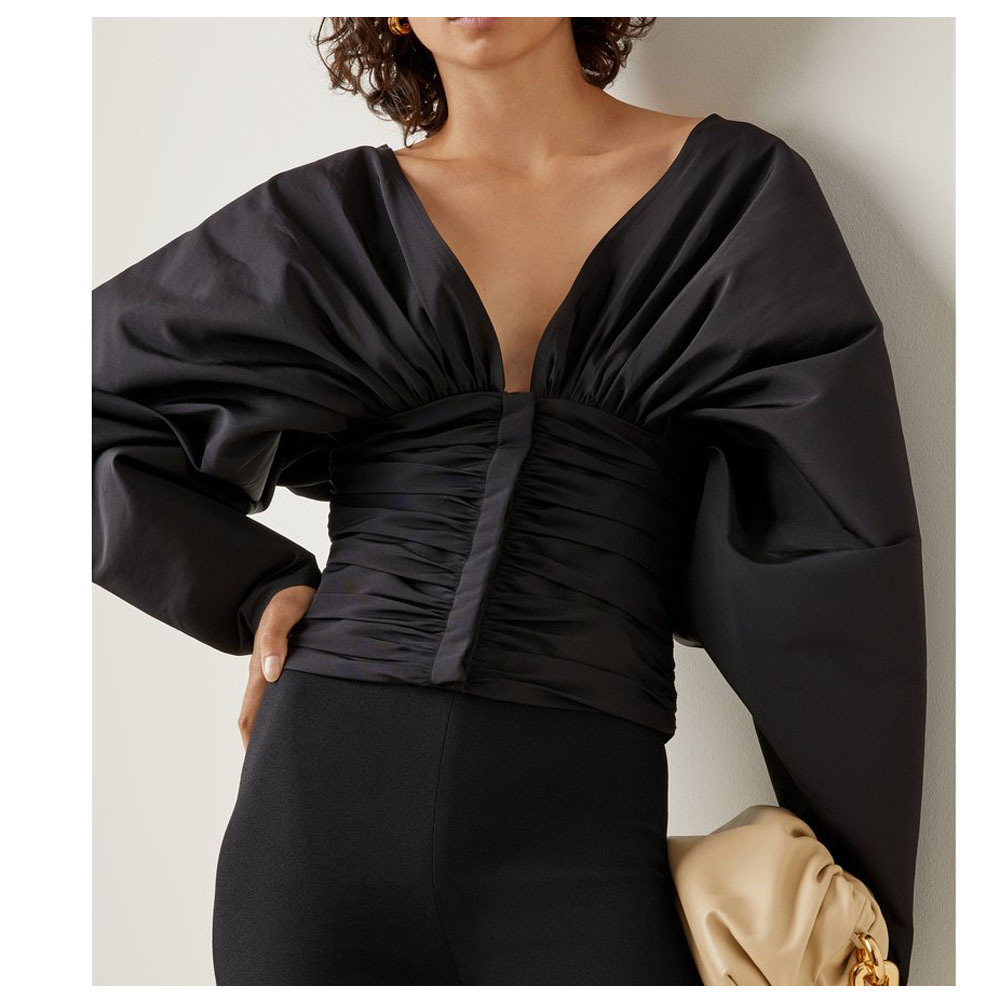 wholesale long sleeve pleated deep V neck sexy cut out ruched ladies blouses tops elegant