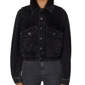 Factory Made Women's Denim Bomber Jacket Washed Vintage Multi Pocket Shirt