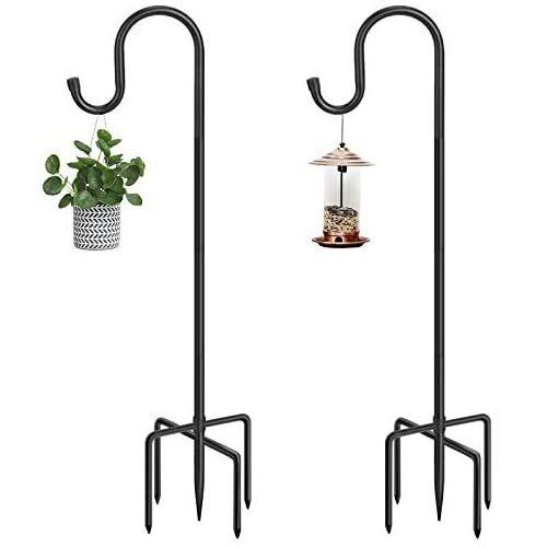 Adjustable Shepherd's Hooks with 4 Prongs, Black, Set of 4 Made of Premium Metal for Hanging Solar Lights, Bird Feeders, etc.