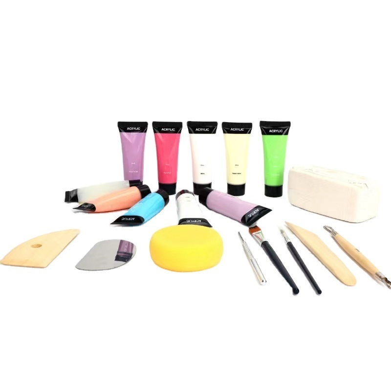 Home DIY Air Dry Clay Pottery Starter Kit for Beginners with Paint Set, Varnish, Paintbrushes, Sponge, matte/gloss varnish