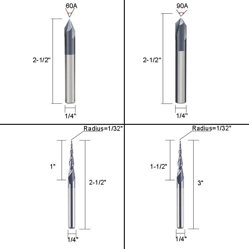 WEIX 4PCS in One Package Tungsten Carbide Woodworking Tools 1/4 Shank Diameter Set CNC Router Bits Milling Cutter for Wood