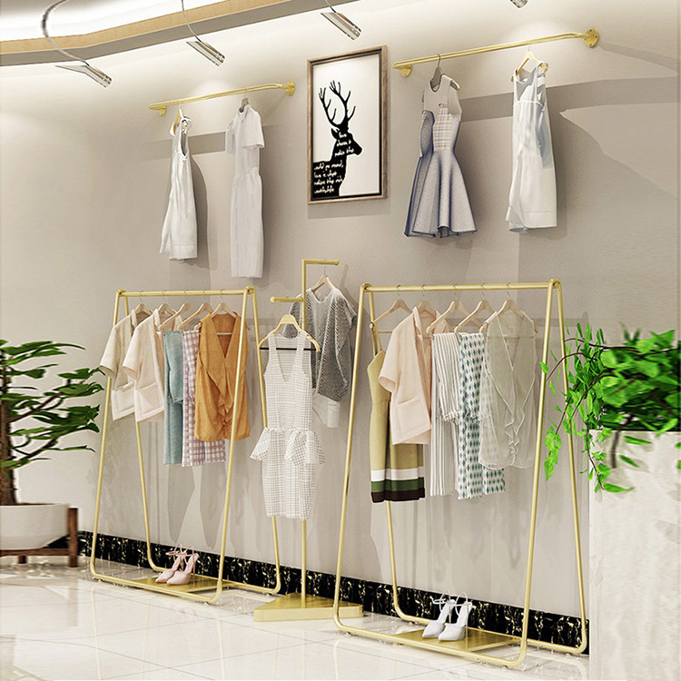 Single Rail Fashion Retail Cloth Store Portable Gold Clothing Dress Display Racks