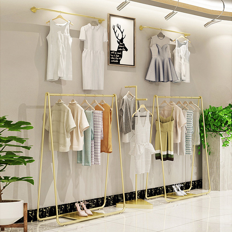 Single Rail Fashion Retail Cloth Store Portable Gold Clothing Dress Display Racks