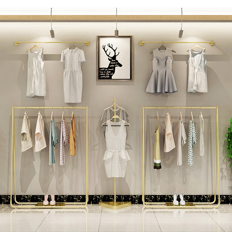 Single Rail Fashion Retail Cloth Store Portable Gold Clothing Dress Display Racks