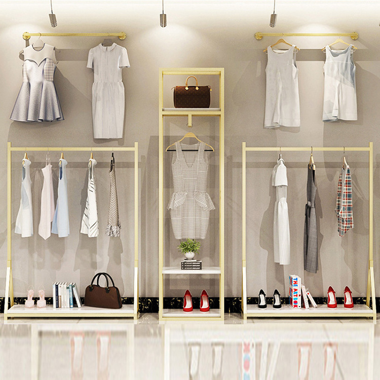 Wholesale Clothing Store Gold Stand Hanging Case Dress Metal Display Rack Shelf For Shop Home