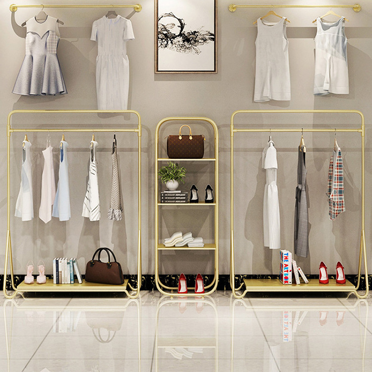 Wholesale Clothing Store Gold Stand Hanging Case Dress Metal Display Rack Shelf For Shop Home