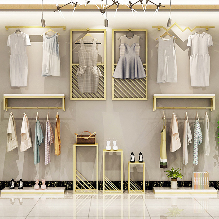 Single Rail Rose Gold Metal Clothes Wall Boutique Display Shelf Racks For Department Stores