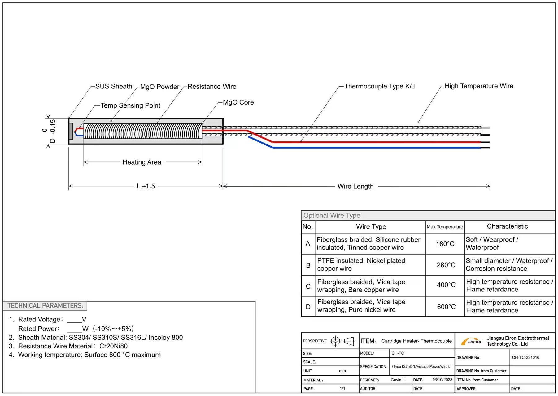 Cartridge heater with K Type thermocouple cartridge heater elements with built in temperature sensor