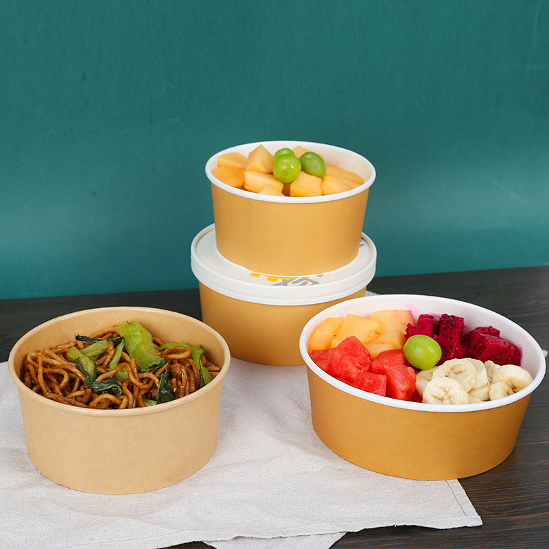 Biodegradable Wholesale Disposable Kraft Paper Round Take Away Salad Noodles Ramen Snack Fruit Bento Bowl Food Packaging Box