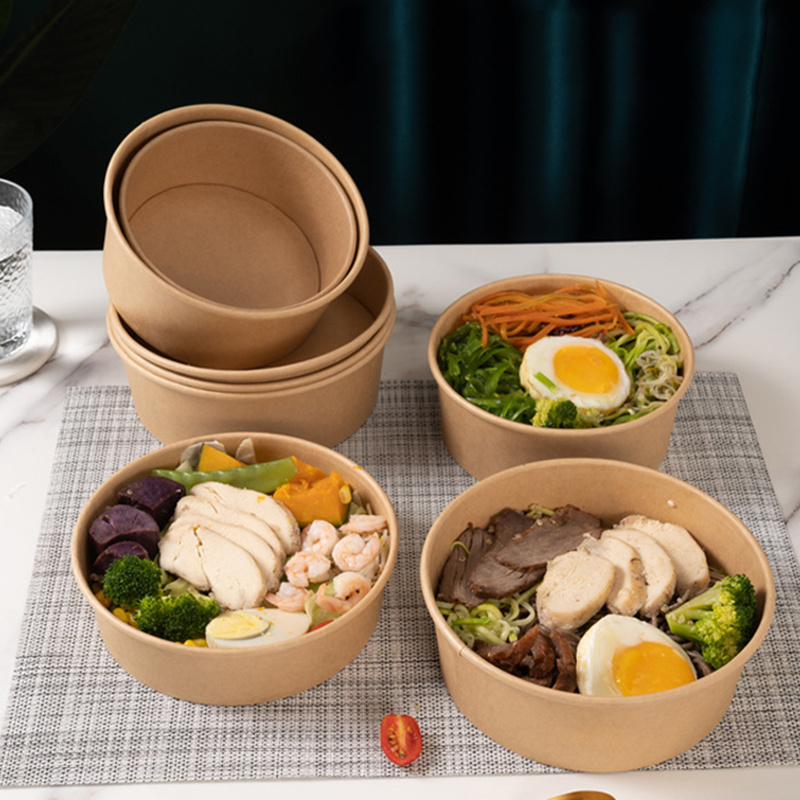 Disposable Kraft Paper Round Restaurant Heatable Noodle Pasta Congee Salad Bento Lunch Fast Food Packaging Box Container Bowl