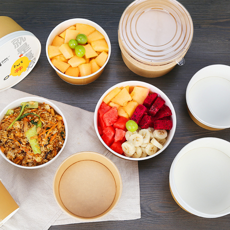 Biodegradable Wholesale Disposable Kraft Paper Round Take Away Salad Noodles Ramen Snack Fruit Bento Bowl Food Packaging Box