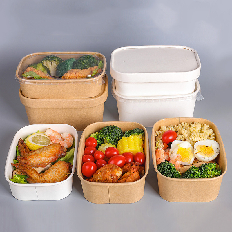 Biodegradable Recyclable Disposable Kraft Paper Take Out Rectangle Salad Fruit Vegetable Meal Rice Packaging Box Food Containers