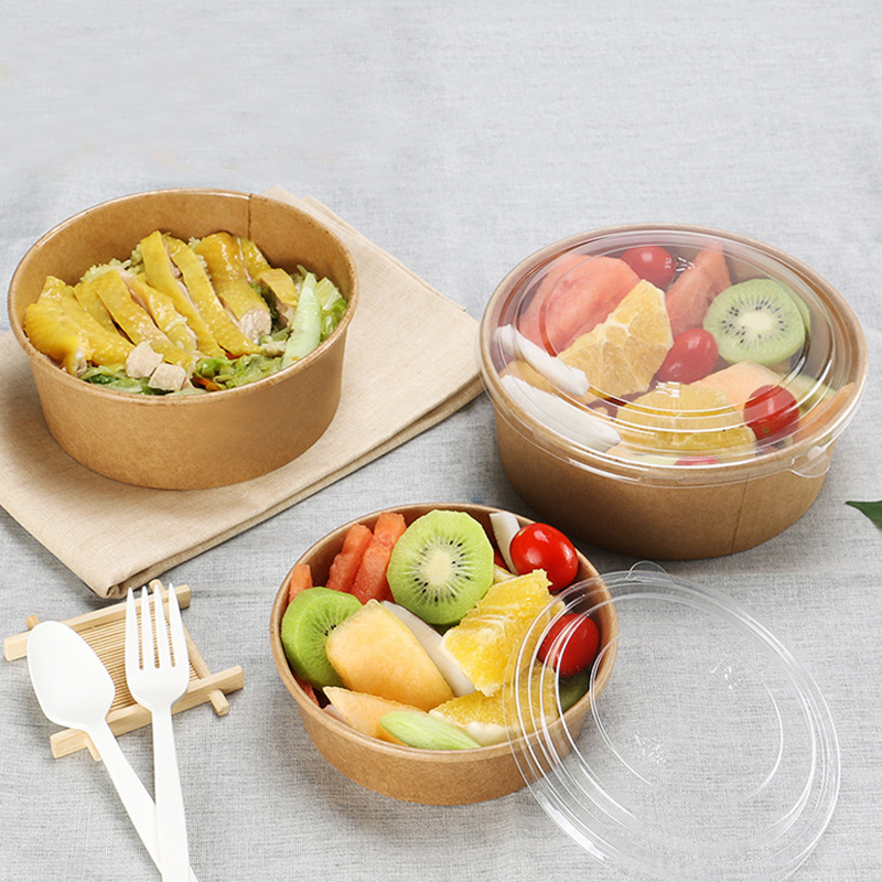 Biodegradable Eco-friendly Disposable Kraft Paper Round Salad Lunch Bento Fruit Packaging Box Serving Bowls Food Containers