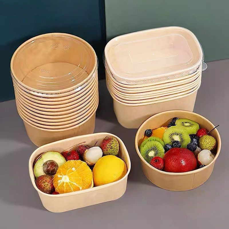 Disposable Kraft Paper Round Restaurant Heatable Noodle Pasta Congee Salad Bento Lunch Fast Food Packaging Box Container Bowl