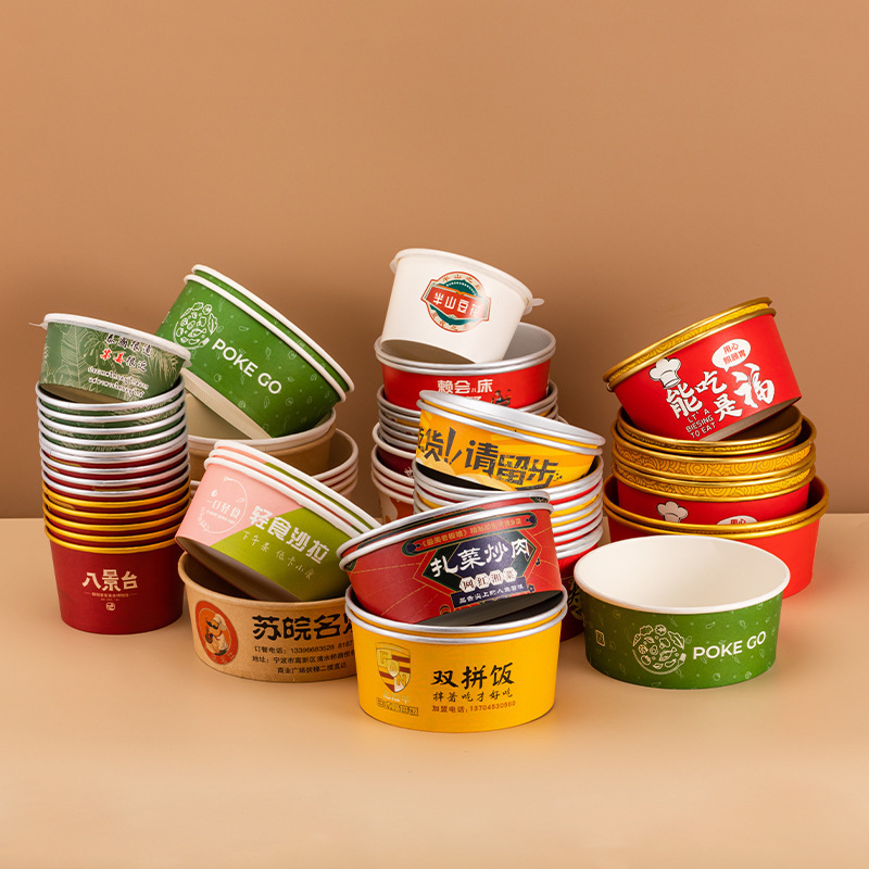 Custom Logo Eco-friendly Disposable Take Away Kraft Paper Round Salad Ramen Fruit Soup Noodle Rice Serving Bowl