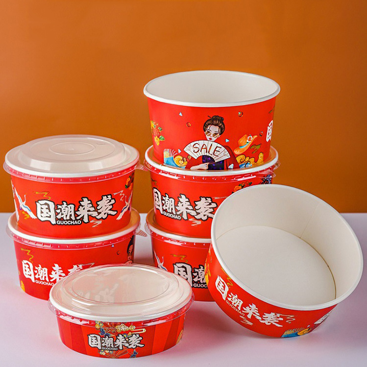 Custom Logo Eco-friendly Disposable Take Away Kraft Paper Round Salad Ramen Fruit Soup Noodle Rice Serving Bowl