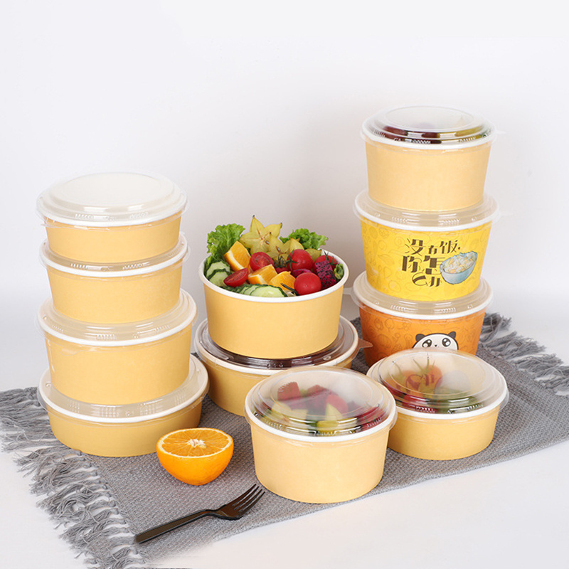 Biodegradable Wholesale Disposable Kraft Paper Round Take Away Salad Noodles Ramen Snack Fruit Bento Bowl Food Packaging Box