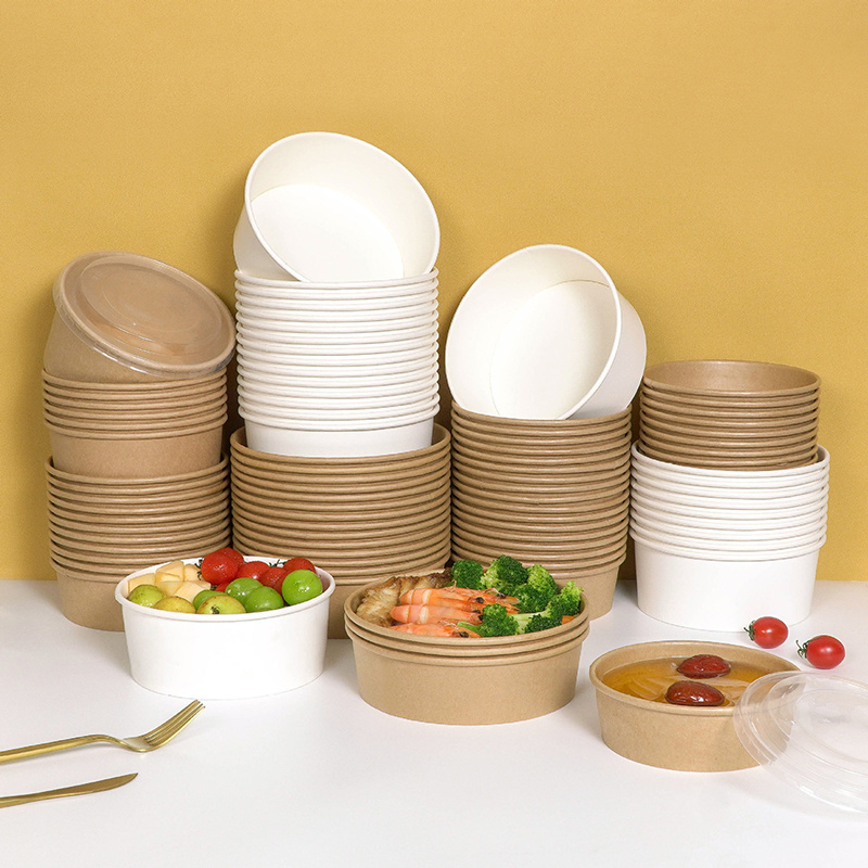 Biodegradable Eco-friendly Disposable Kraft Paper Round Salad Lunch Bento Fruit Packaging Box Serving Bowls Food Containers