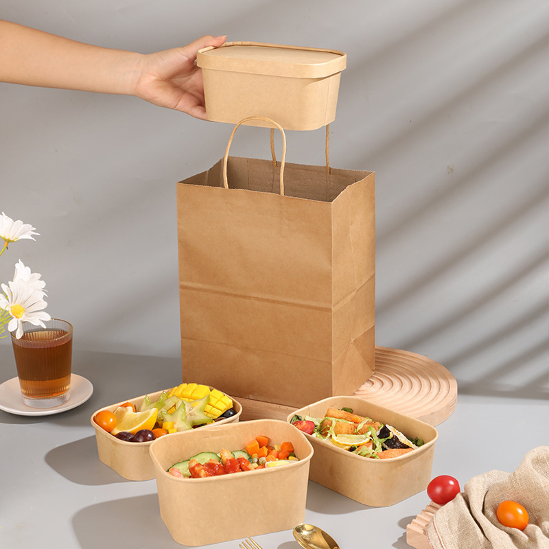 Biodegradable Recyclable Disposable Kraft Paper Take Out Rectangle Salad Fruit Vegetable Meal Rice Packaging Box Food Containers