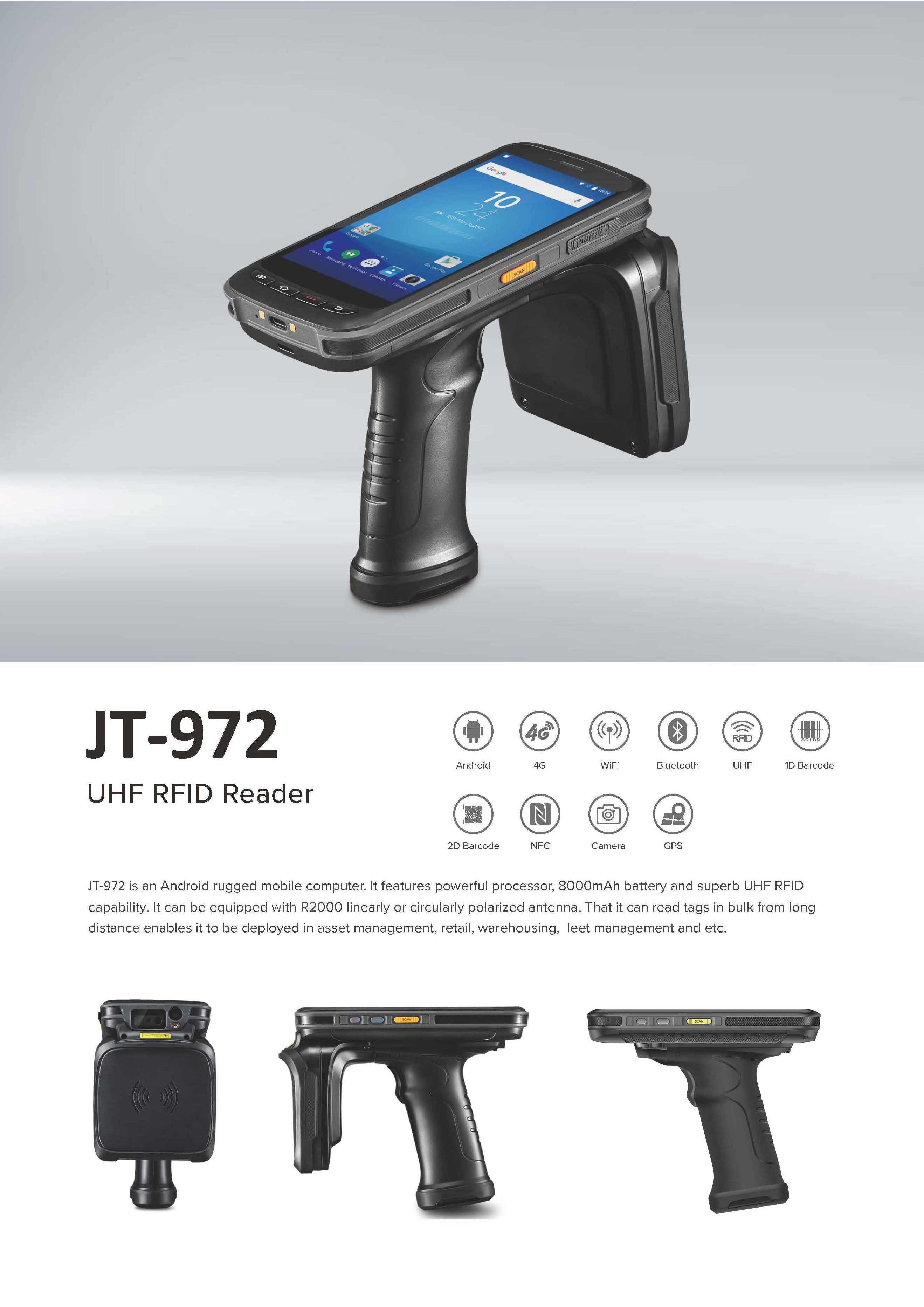 JT-972 UHF RFID Handheld Reader Type-C USB Portable RFID Reader Long Range Handheld 5.5 Inch Handheld RFID Reader Rugged PDA