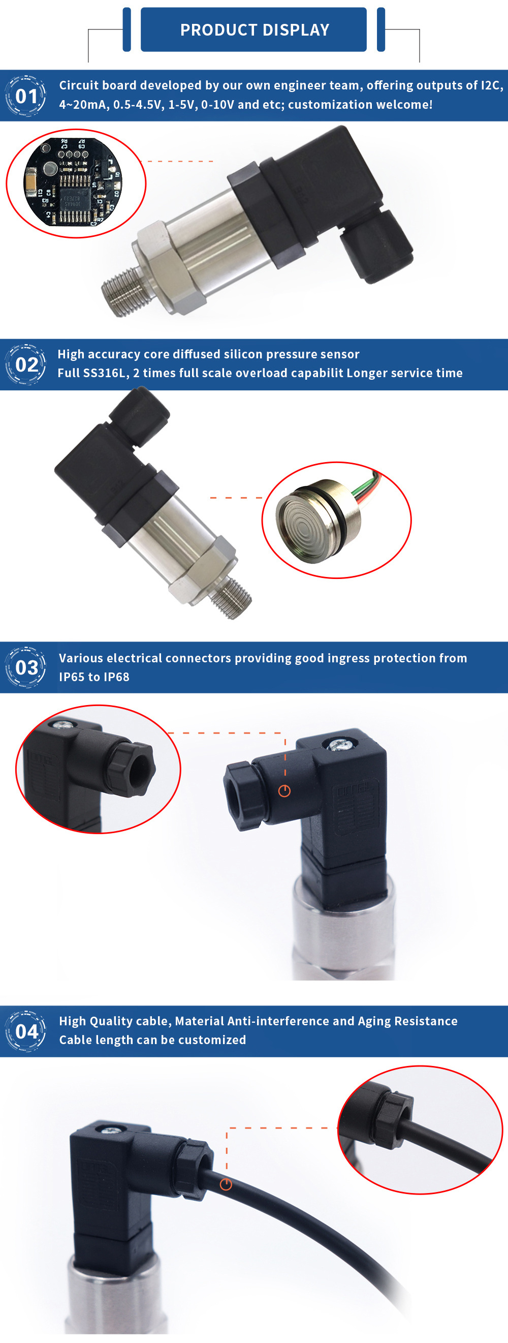 4-20mA 0.5-4.5V Diffused Silicon Pressure Sensor Transducer For Liquid/Gas