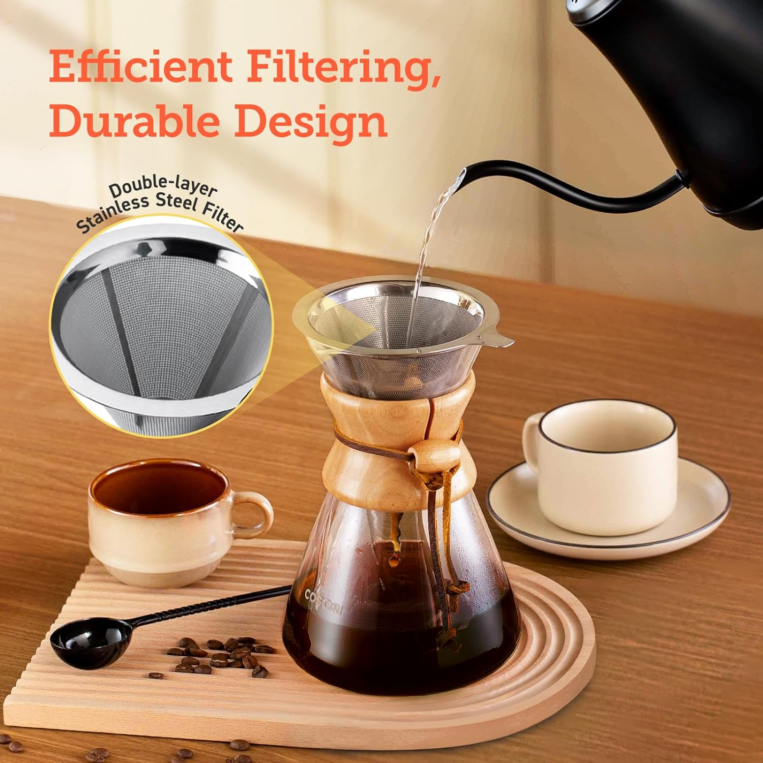 8-Cup High Heat Resistant Glass Coffee Maker with Double Layer Stainless Steel Filter,  Drip Coffee Maker