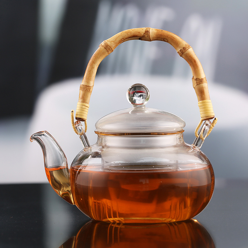 Borosilicate Glass Teapot with Copper Handle,Blooming and Loose Leaf Tea Kettle with Spring Tea Filter