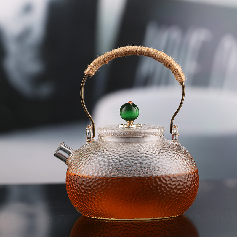 Borosilicate Glass Teapot with Copper Handle,Blooming and Loose Leaf Tea Kettle with Spring Tea Filter