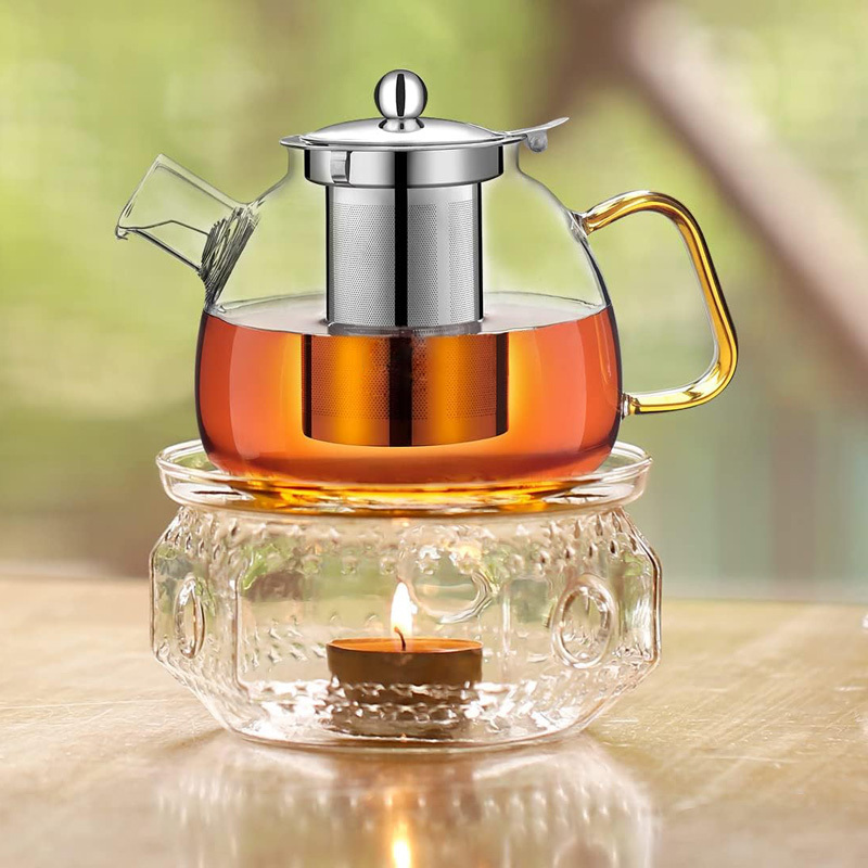 1200ml heat resistant clear borosilicate glass teapot with stainless steel infuser and warmer