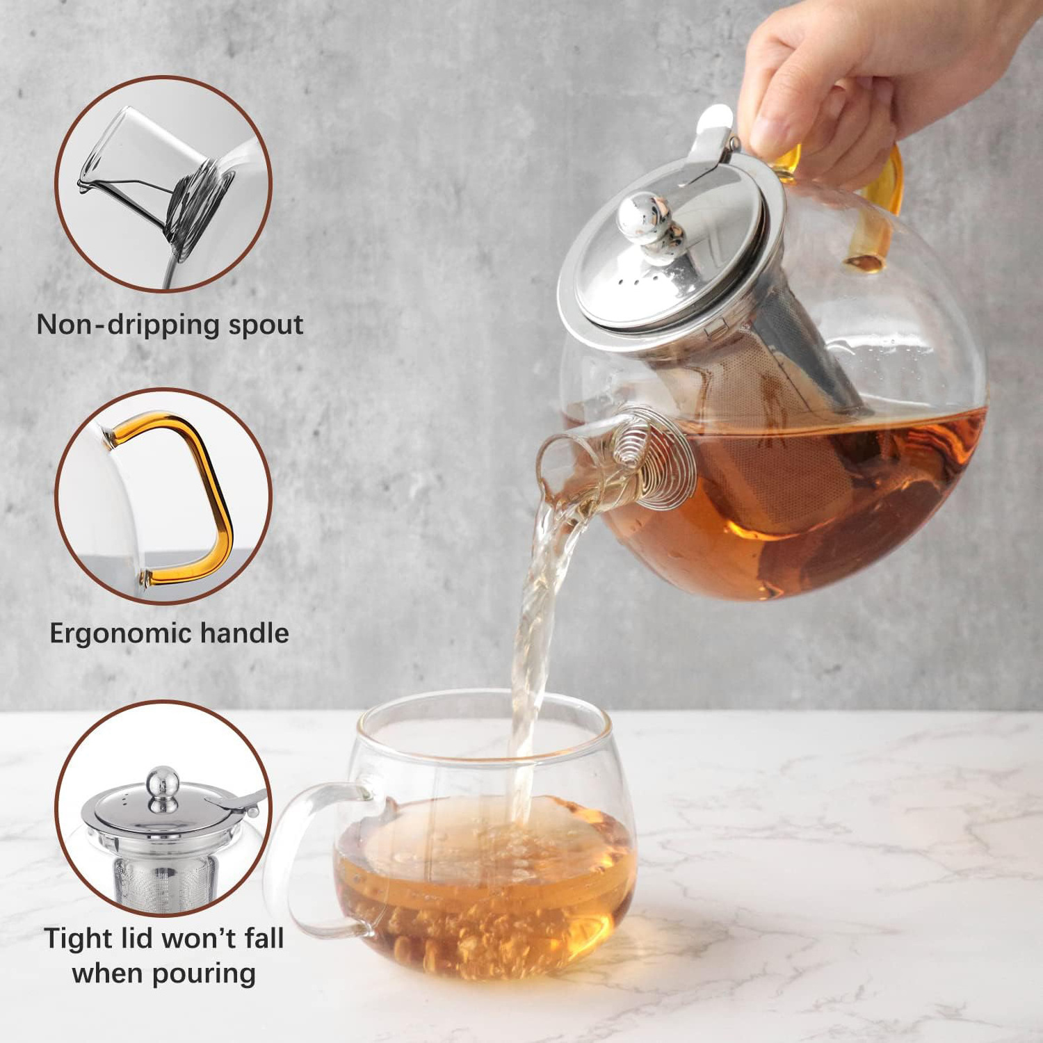 1200ml heat resistant clear borosilicate glass teapot with stainless steel infuser and warmer