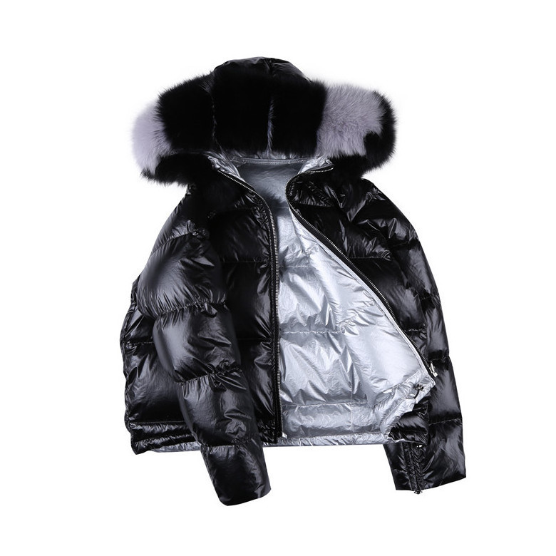 Jtfur Winter Shiny Bubble Down Jacket Coats Women Faux Fur Trim Hooded Down Coat