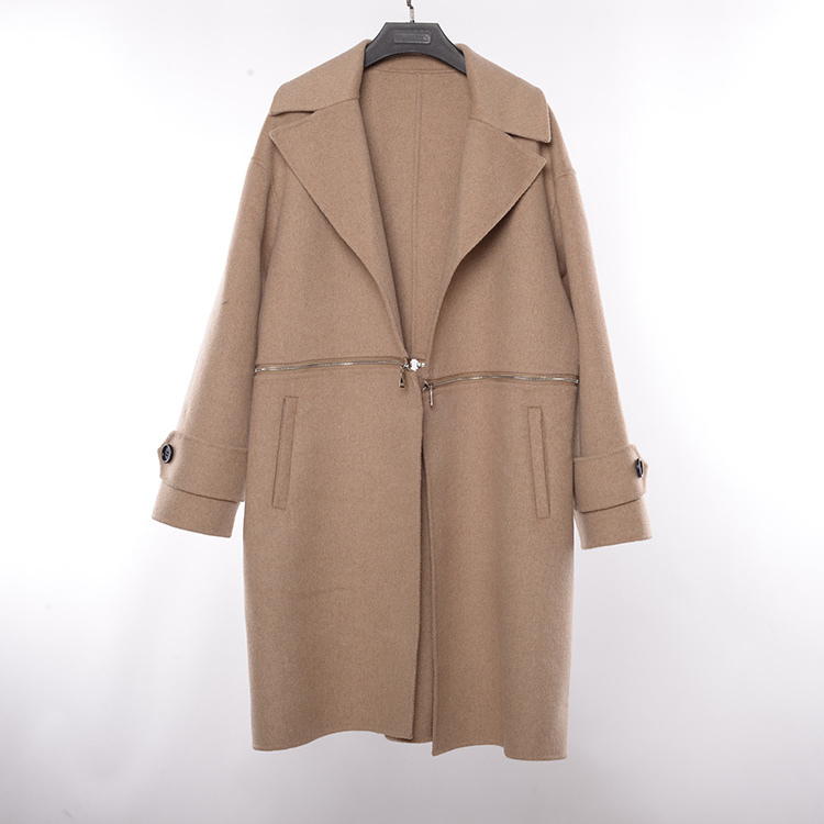 New Luxurious Wool Coat With Waist Zippered Top And Bottom Women Cashmere Wool Coat