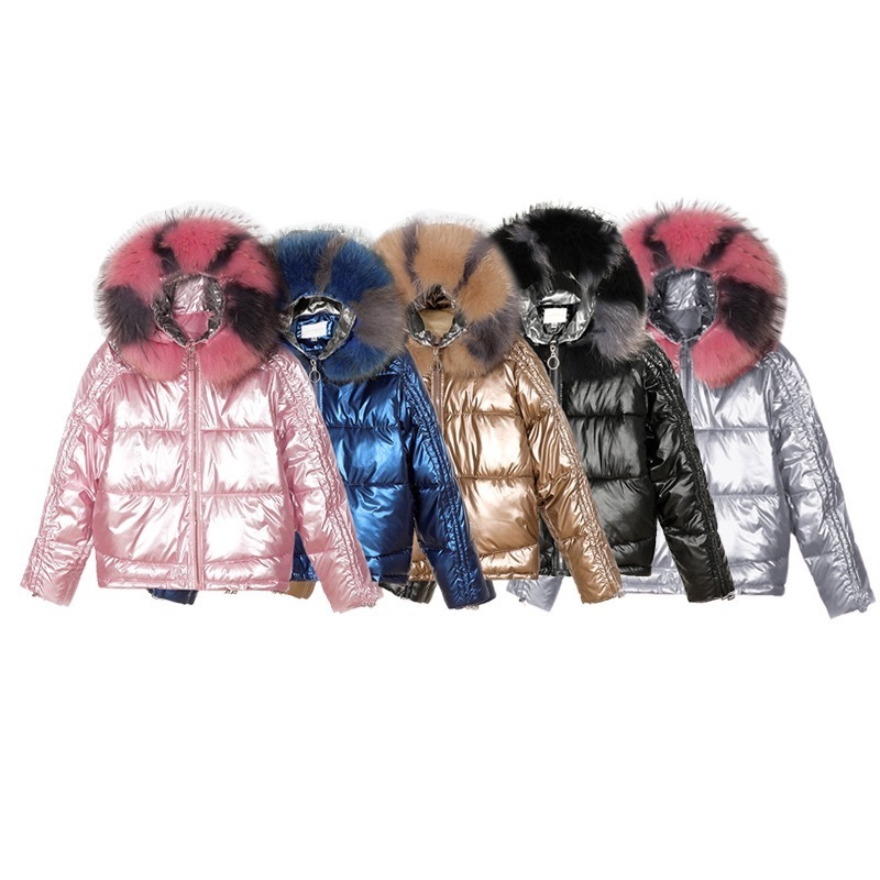 Jtfur Winter Shiny Bubble Down Jacket Coats Women Faux Fur Trim Hooded Down Coat