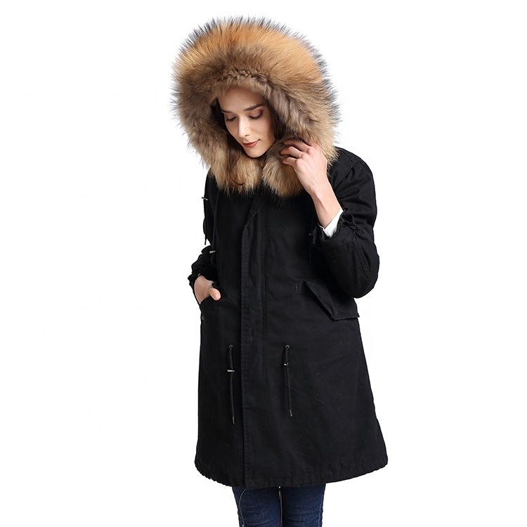 Jtfur Women'S Black Winter Fashion Down Coat Raccoon Fur Detachable Thermal Coat